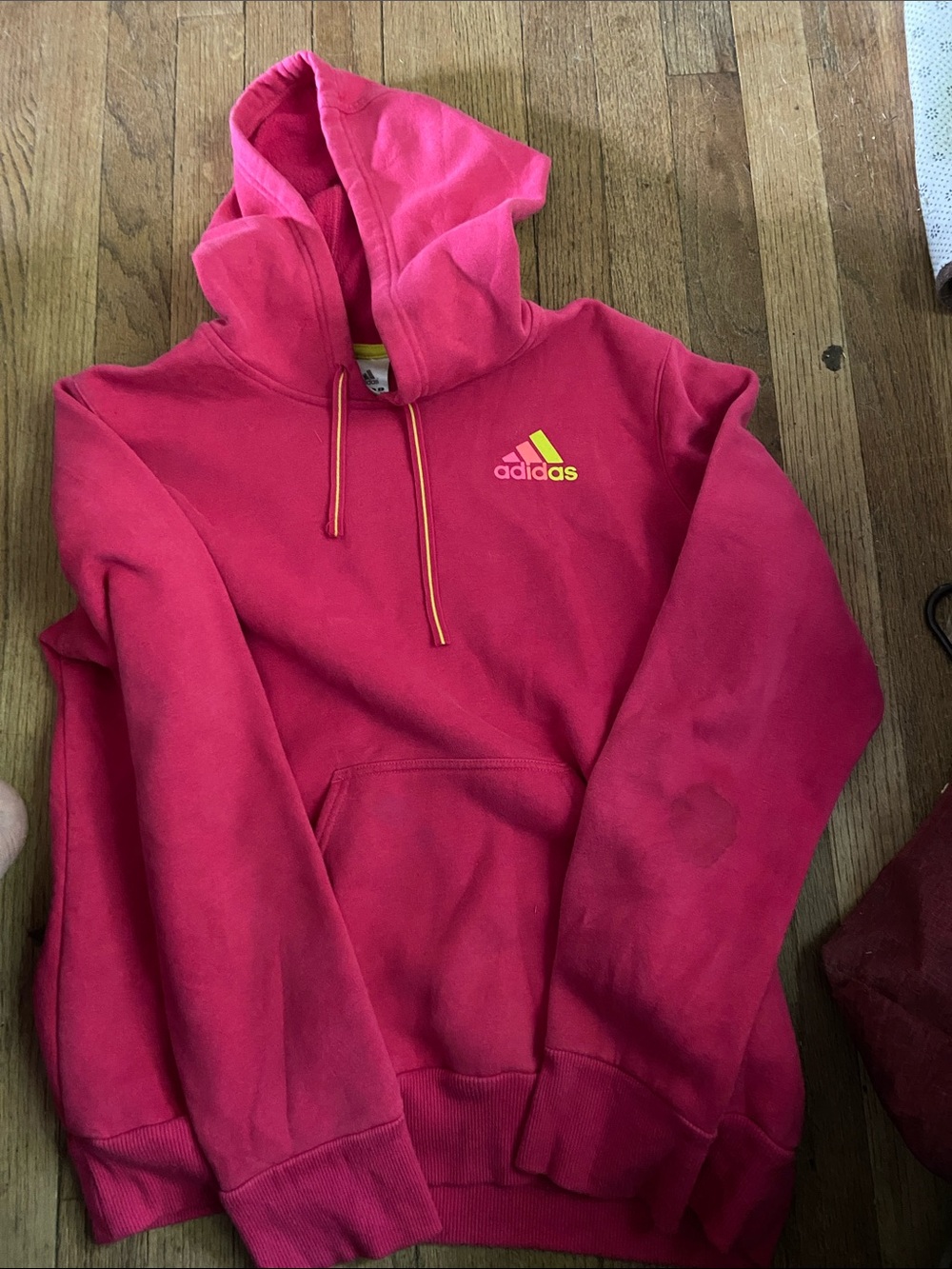 adidas Pink Hooded Pullover Sweatshirt with Yellow Logo